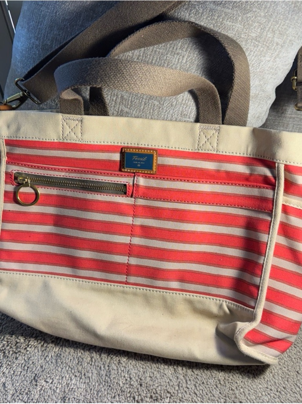 Fossil Coral and Cream Striped Canvas Tote